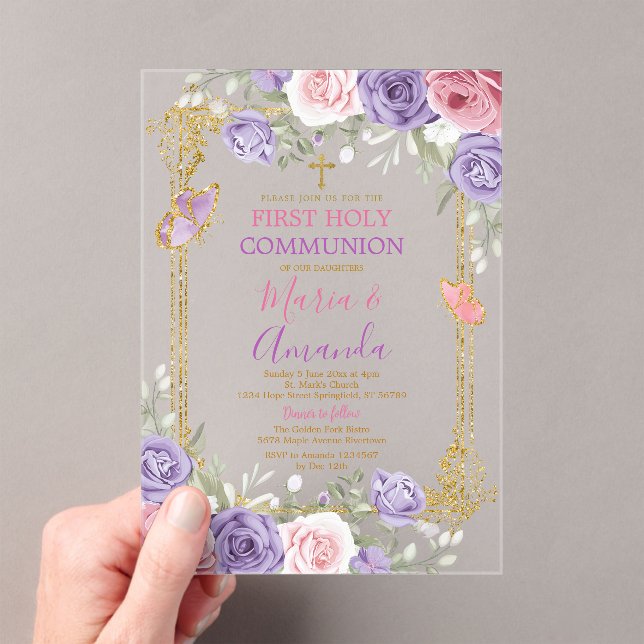 Purple Pink Floral Gold Cross First Holy Communion Acrylic Invitations (Insitu (Handheld))