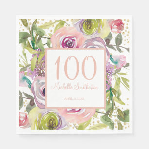 Purple Pink Floral Gold Glitter 100th Birthday Napkin