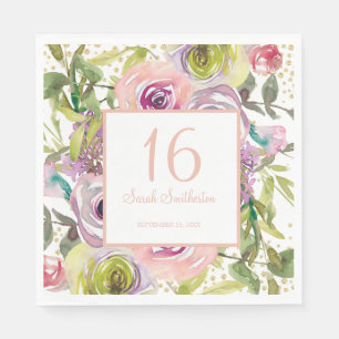 Purple Pink Floral Gold Glitter 16th Birthday Napkin