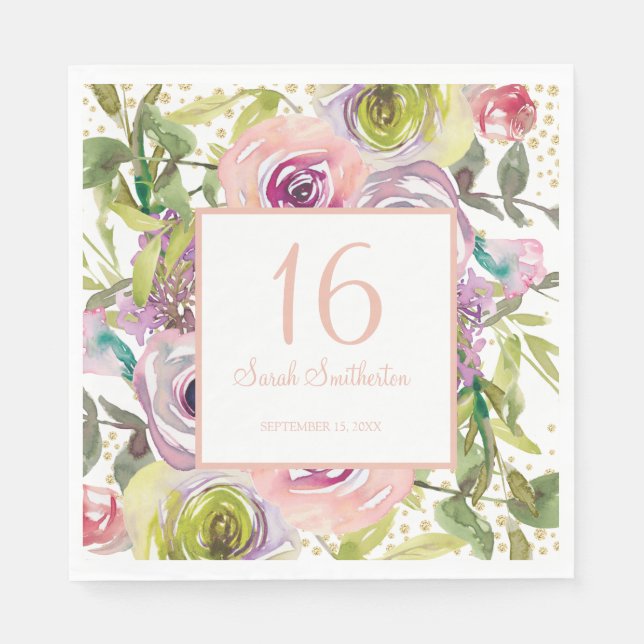 Purple Pink Floral Gold Glitter 16th Birthday Napkin (Front)