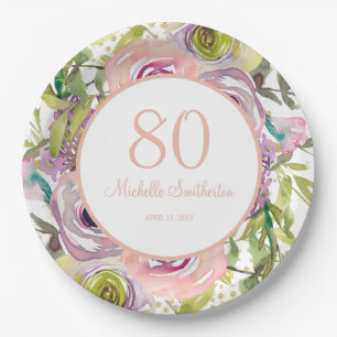 Purple Pink Floral Gold Glitter 80th Birthday Paper Plate