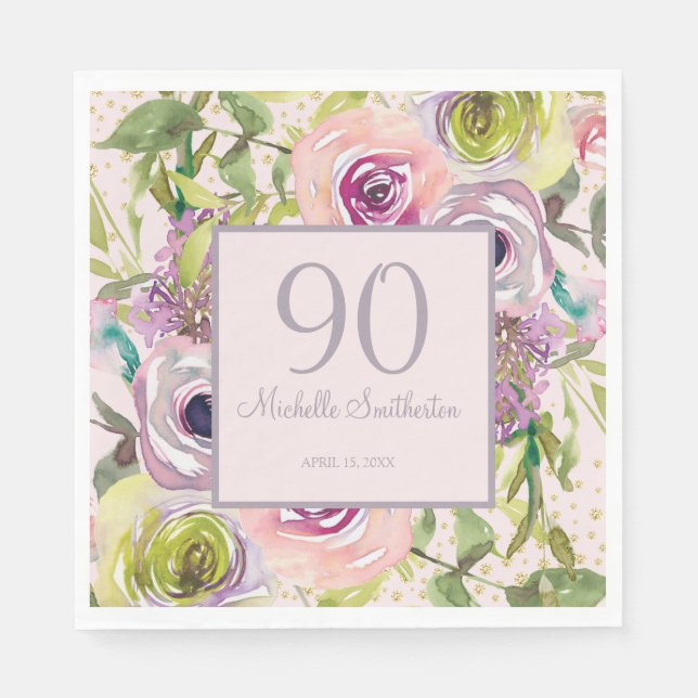 Purple Pink Floral Gold Glitter 90th Birthday Napkin (Front)