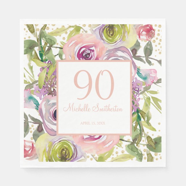 Purple Pink Floral Gold Glitter 90th Birthday Napkin (Front)