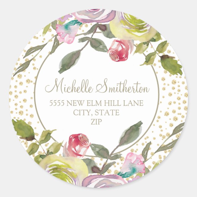 Purple Pink Floral Gold Glitter Address Classic Round Sticker (Front)