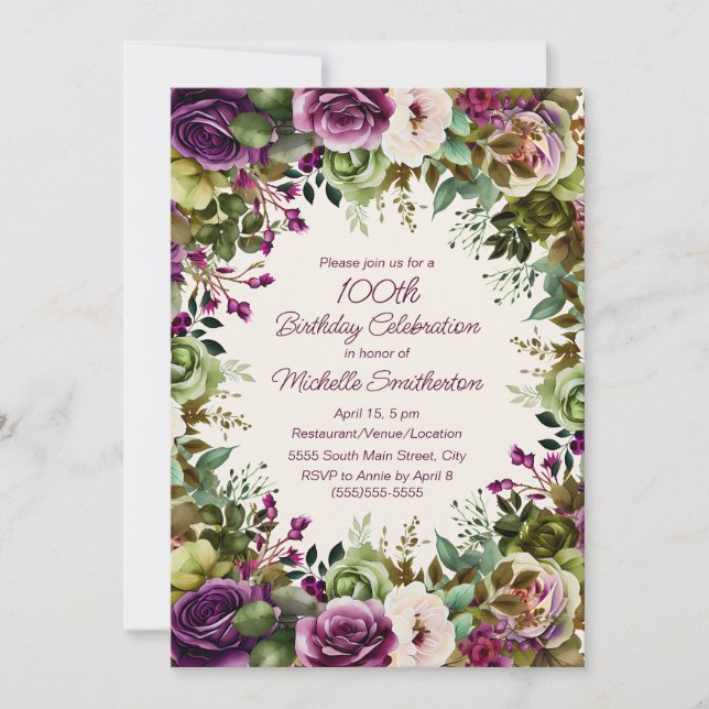 Purple Pink Floral Green Leaves 100th Birthday Invitation (Front)