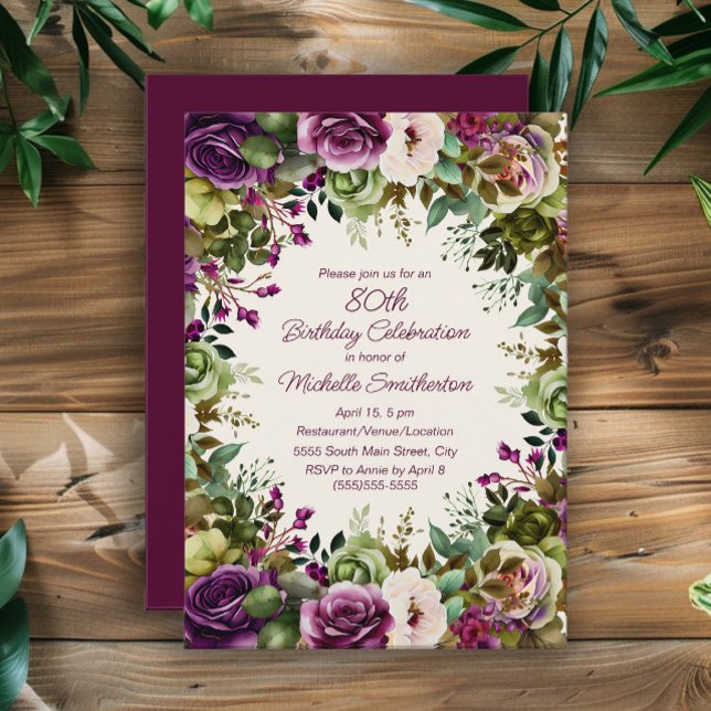 Purple Pink Floral Green Leaves 80th Birthday Invitation (Purple and pink watercolor floral 80th birthday party invitation)