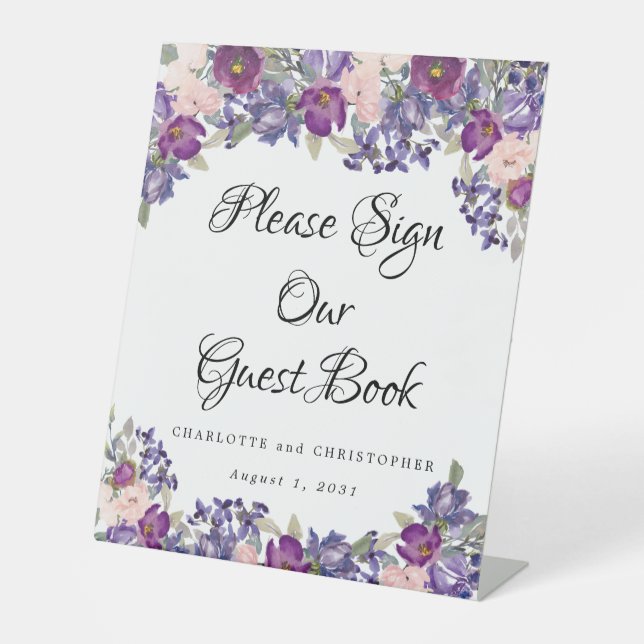 Purple Pink Floral Guest Book  Pedestal Sign (Front)