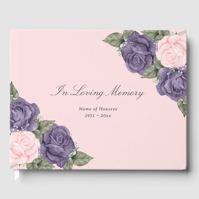 Purple Pink Floral In Loving Memory Funeral Guest Book (Front)