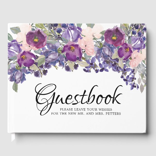 Purple Pink Floral Keepsake Wedding Guest Book (Front)