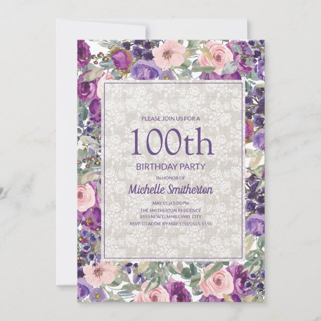 Purple Pink Floral Lace 100th Birthday Invitation (Front)