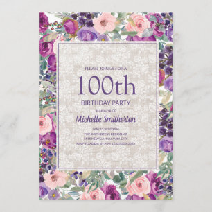 Purple Pink Floral Lace 100th Birthday Invitation