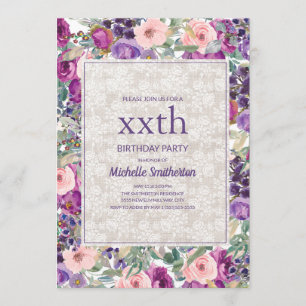 Purple Pink Floral Lace Any Age Birthday Invitation