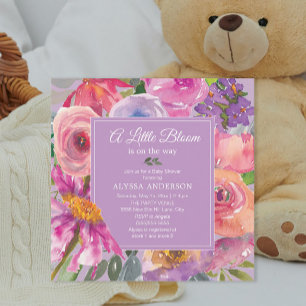 Purple Pink Floral Little Bloom Baby Shower Invitation