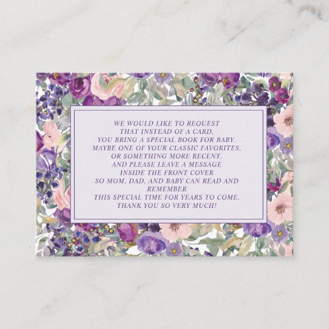 Purple Pink Floral Little Girl Baby Shower Books  Enclosure Card (Front)