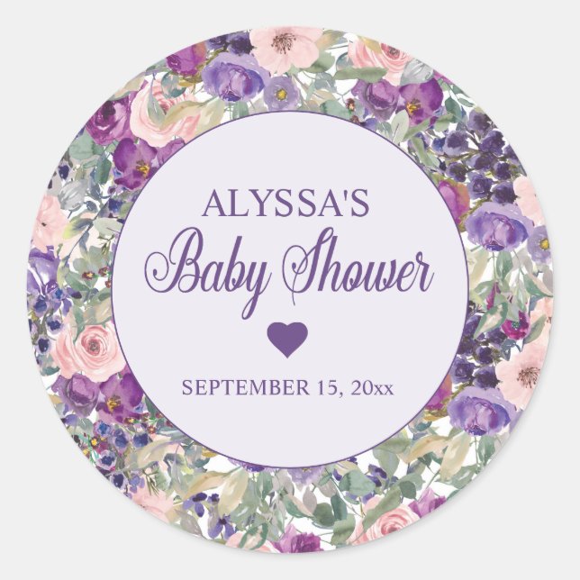Purple Pink Floral Little Girl Baby Shower   Classic Round Sticker (Front)