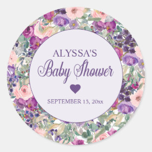 Purple Pink Floral Little Girl Baby Shower   Classic Round Sticker