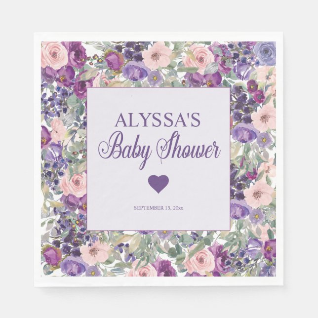 Purple Pink Floral Little Girl Baby Shower  Napkin (Front)
