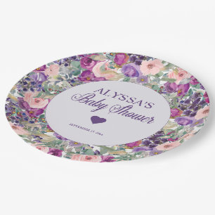 Purple Pink Floral Little Girl Baby Shower Paper Plate