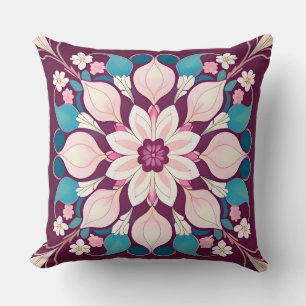 Purple Pink Floral Mandala Symmetrical Botanical Cushion