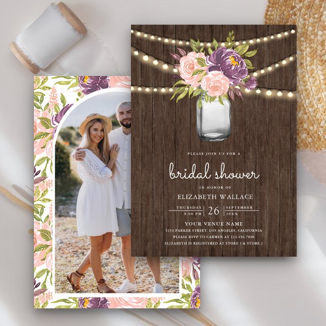 Purple Pink Floral Mason Jar Photo Bridal Shower Invitation (Creator Uploaded)
