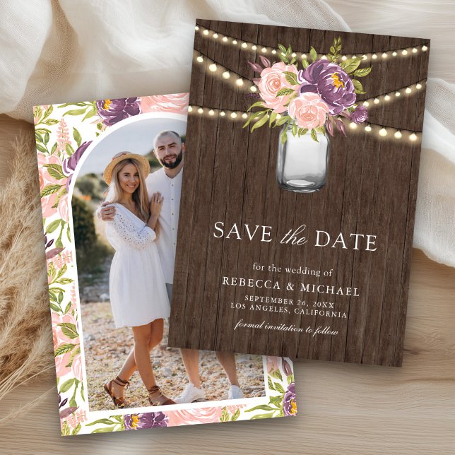 Purple Pink Floral Mason Jar Photo Wedding Save The Date (Creator Uploaded)