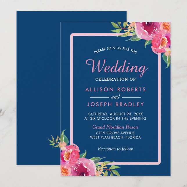 Purple Pink Floral Navy Blue Wedding Celebration Invitation (Front/Back)