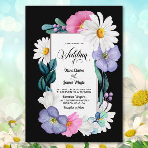 Purple Pink Floral on Black Wedding Invitation
