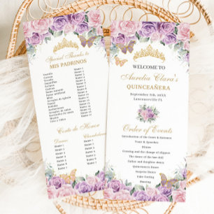 Purple Pink Floral Quinceañera Order of Events Programme