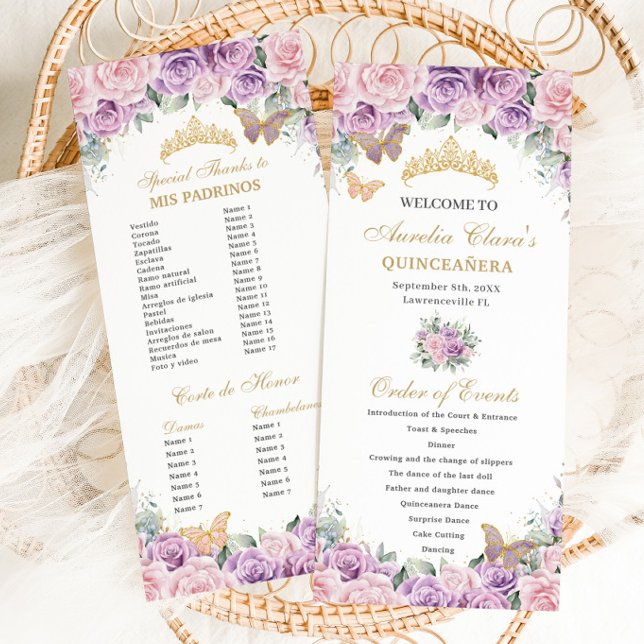 Purple Pink Floral Quinceañera Order of Events Programme (purple lilac lavender and pale pink roses floral quinceanera order of events padrinos program cards)