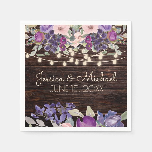 Purple Pink Floral Rustic String Light Wedding Napkin (Front)