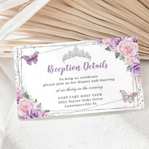 Purple Pink Floral Silver Quinceañera Reception Enclosure Card