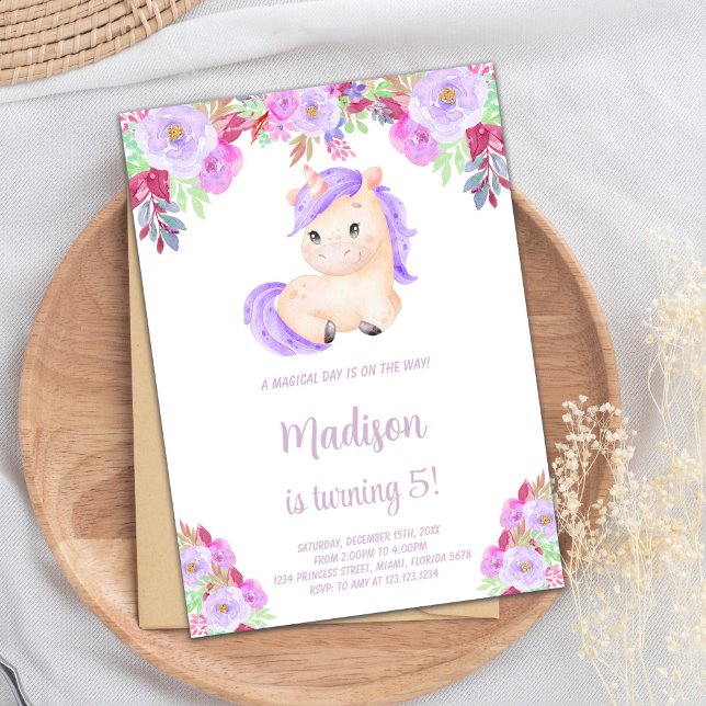 Purple & Pink Floral Unicorn Birthday Invitation (Purple pink Floral Unicorn Birthday Invitation)