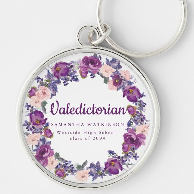 Purple & Pink Floral Valedictorian Graduation Gift Key Ring (Front)