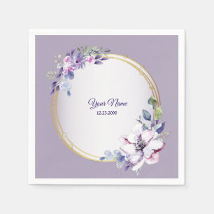 Purple Pink Floral Watercolor Gold Wedding Party Napkin