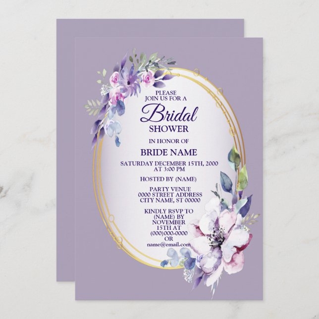 Purple Pink Floral Watercolor Golden Bridal Shower Invitation (Front/Back)