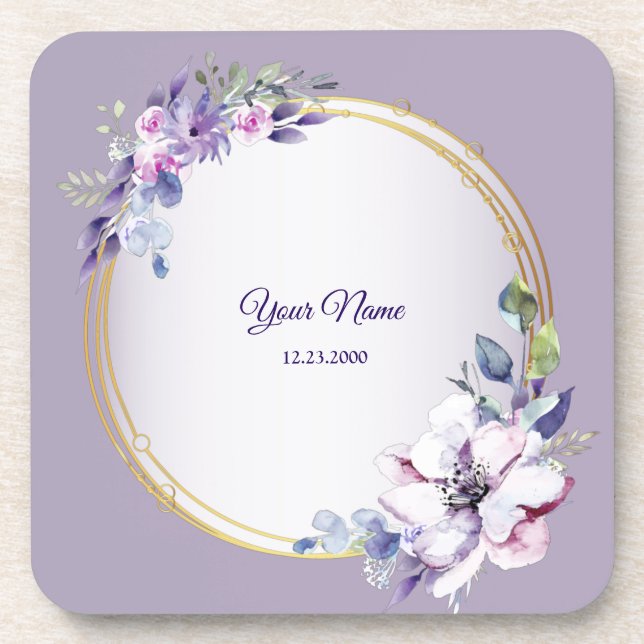 Purple Pink Floral Watercolor Golden Wedding Coaster (Front)