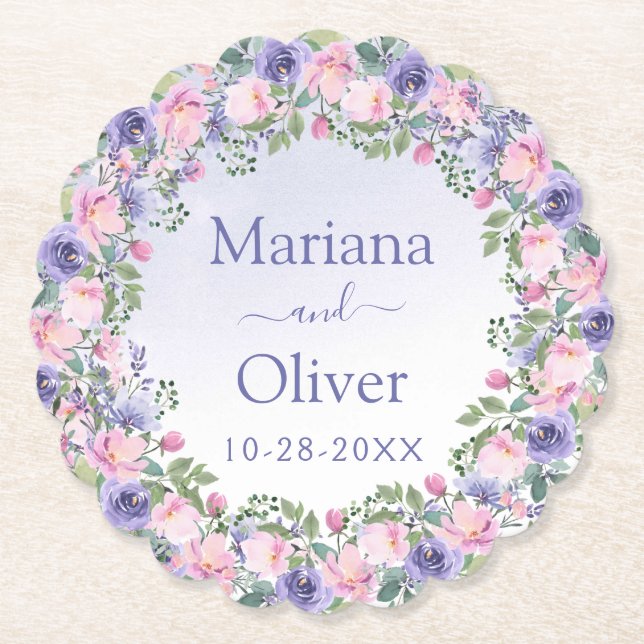 Purple Pink Floral Wedding Paper Coaster (Front)