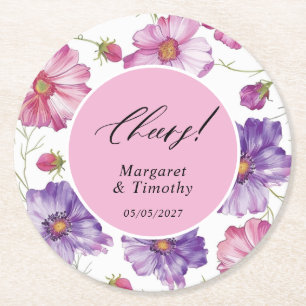 Purple Pink Floral Wedding Round Paper Coaster
