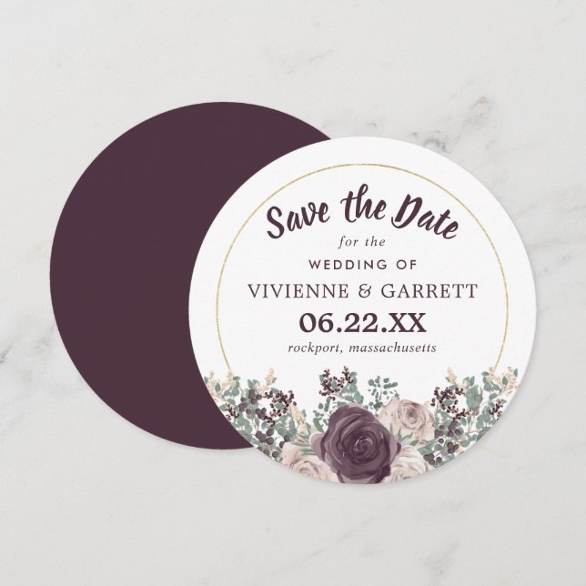 Purple Pink Floral Wedding Round Save the Date Invitation (Front/Back)