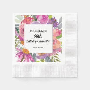 Purple Pink Floral Women's 90th Birthday Napkin