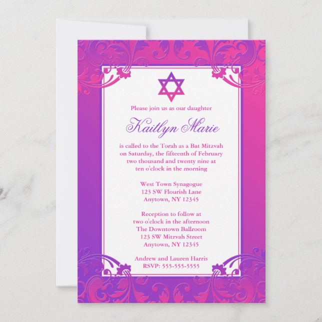 Purple Pink Flourish Bat Mitzvah Invitations (Front)