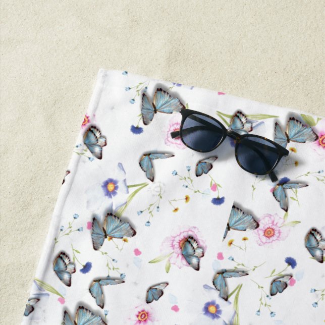 purple Pink flower blue butterfly Summer pattern Beach Towel (In Situ)