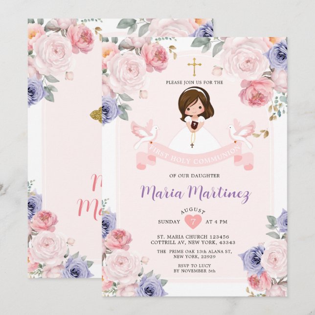 Purple & Pink Flower Girl 1st Holy Communion Invitation (Front/Back)