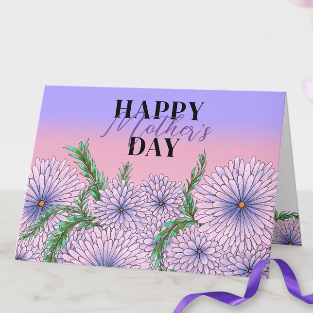 Purple Pink Flowers and Green Leaves Mother's Day Card (Creator Uploaded)
