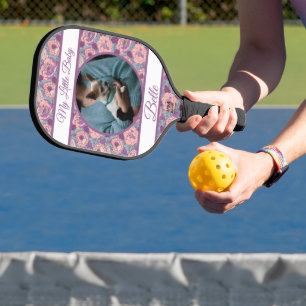 Purple Pink Flowers & banners with name/phrase Pickleball Paddle
