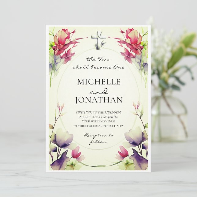 Purple Pink Flowers Christian Cross Bible Wedding Invitation (Standing Front)