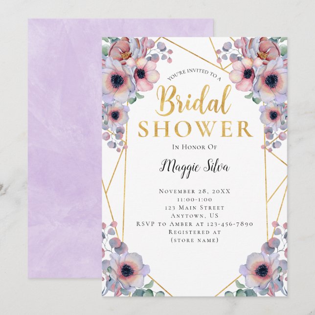Purple Pink Flowers Geometric Frame Bridal Shower Invitation (Front/Back)
