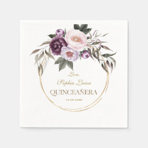 Purple Pink Flowers Gold Mis Quince Quinceañera  Napkin
