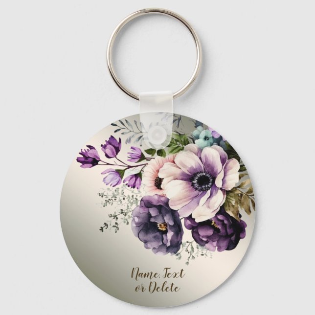 Purple Pink Flowers Golden Elegant Key Ring (Front)