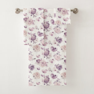 Purple Pink Flowers & Hearts   Bath Towel Set